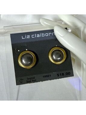 Liz Claiborne Gold Tone Gray Dome Button Earrings